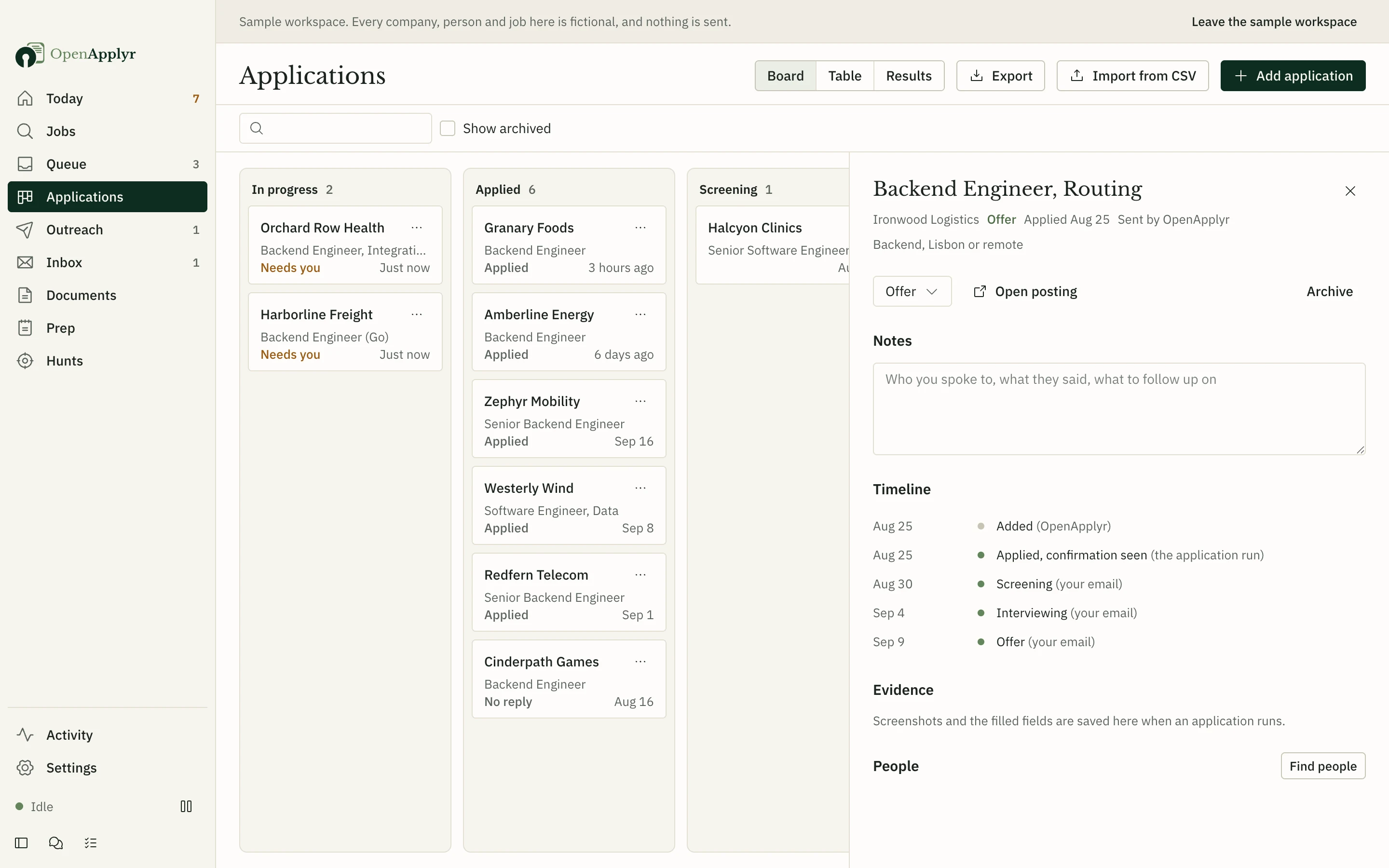 The applications board with one application's timeline