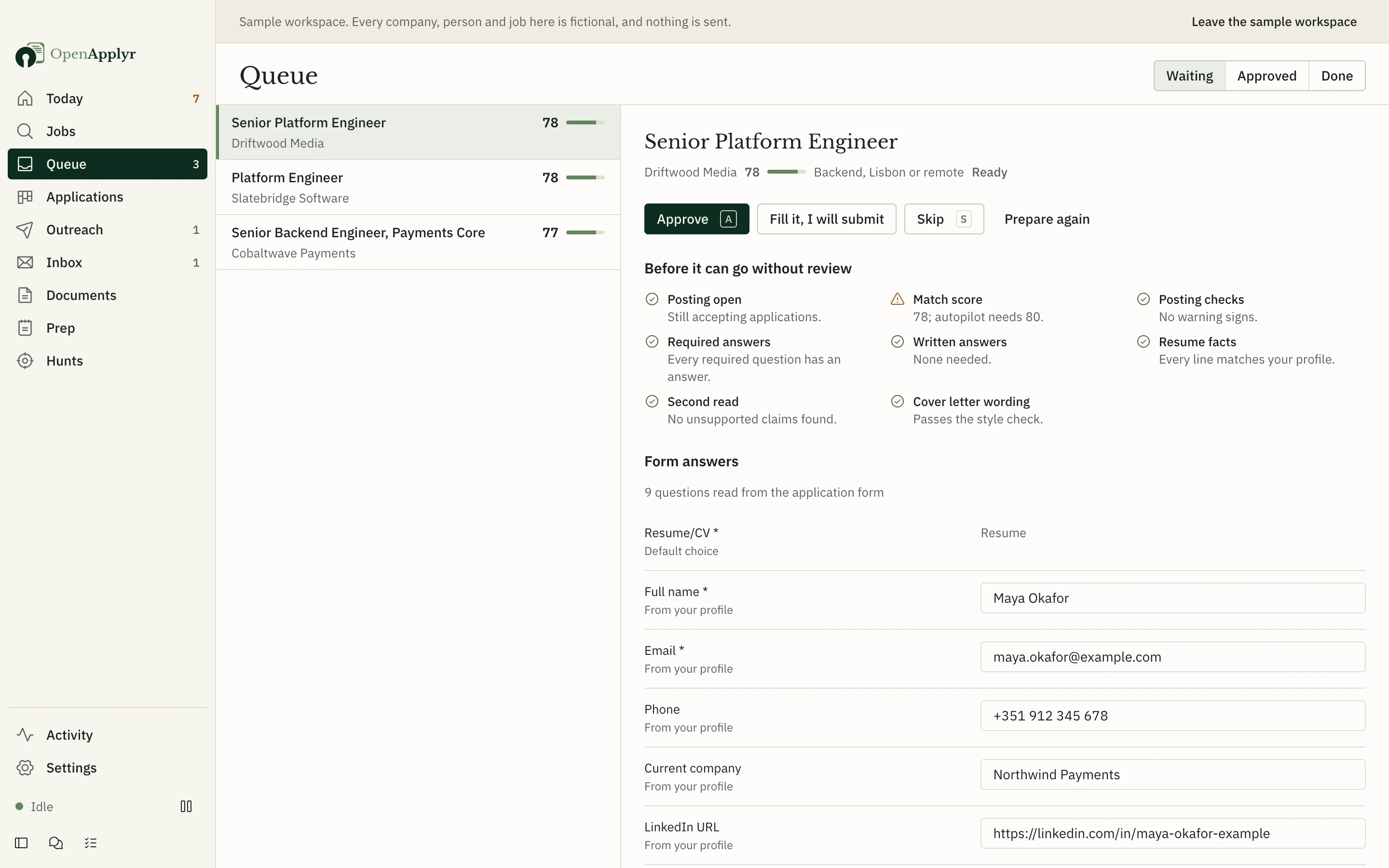 An application waiting for approval, with its checks and form answers