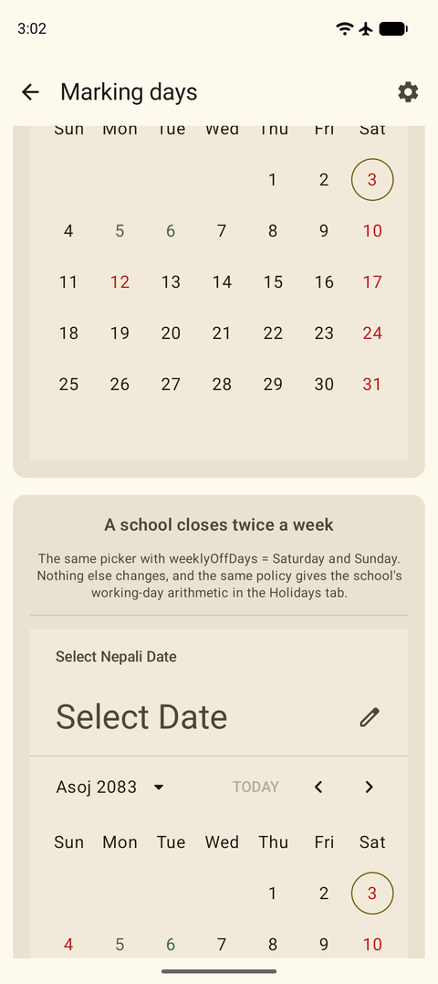 A school week with two weekly closures marked