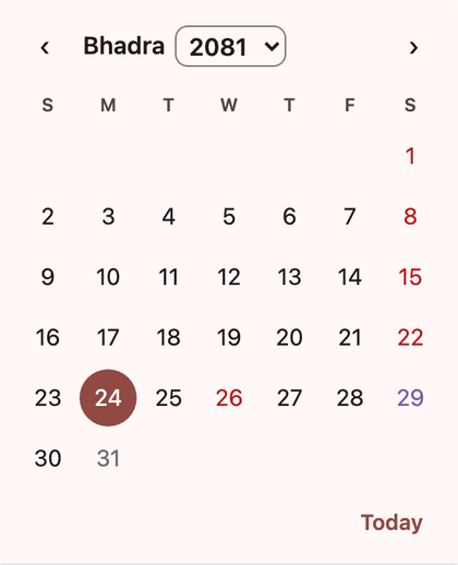 Holidays and events marked in the web component
