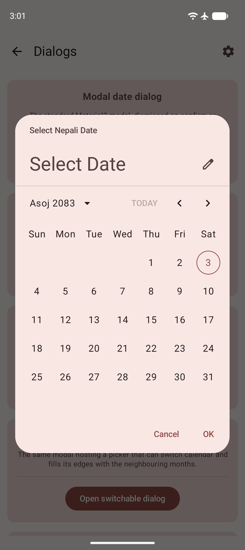 The single-date picker in a modal dialog