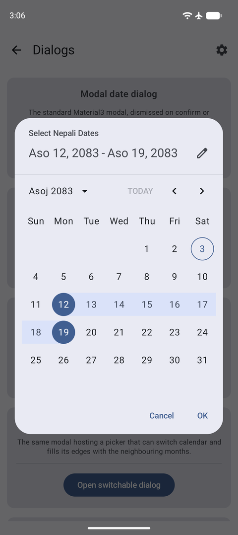 A date range selected in a modal dialog