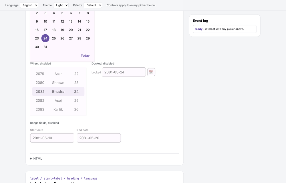 The web-component showcase in a browser