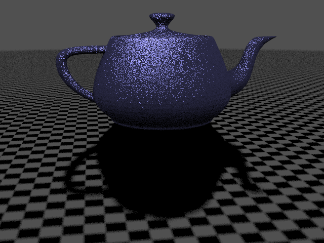 A teapot on a checked surface. The pot is lit by a dim light.