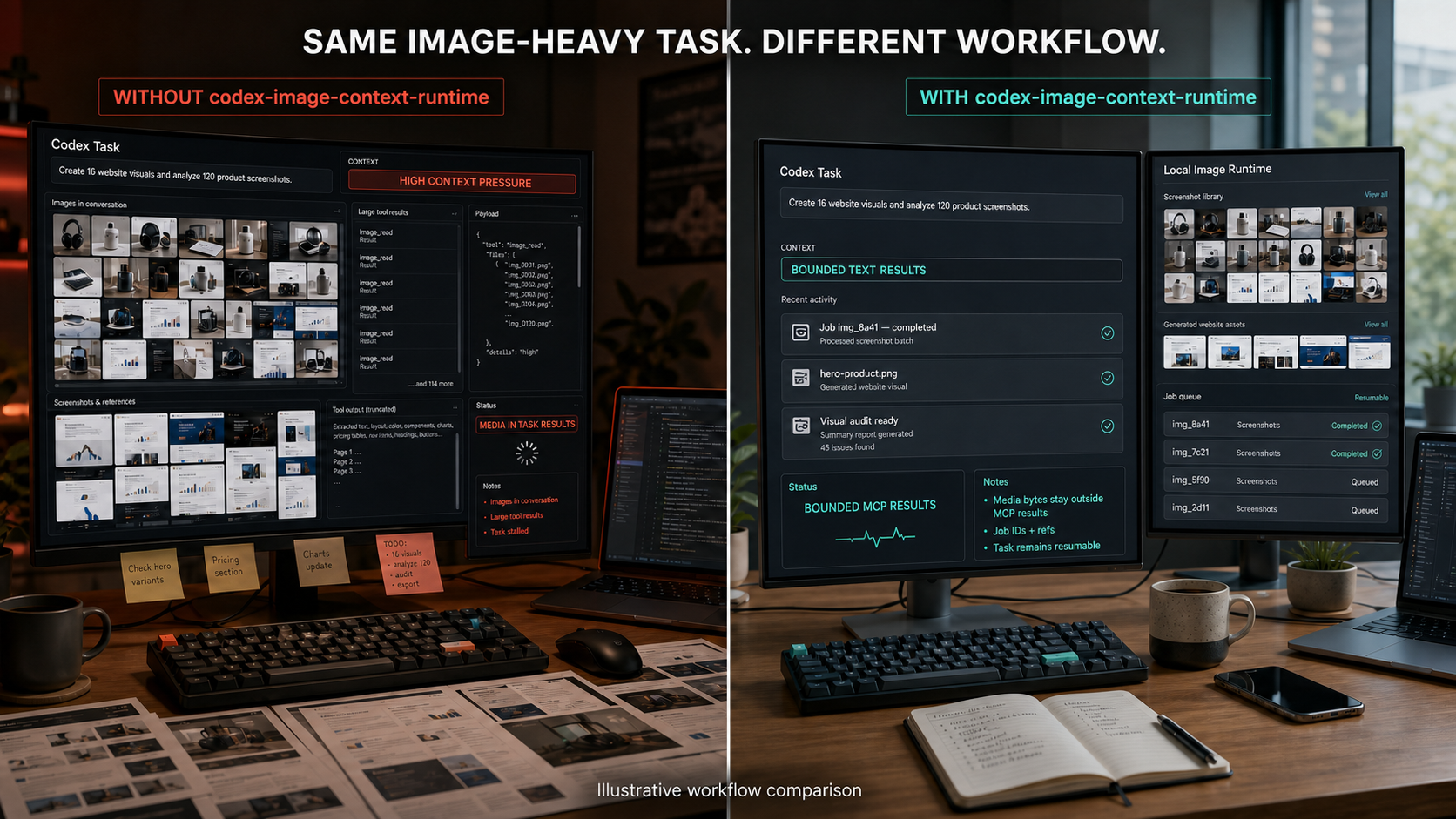 A conceptual workstation comparison of image-heavy Codex tasks with and without Image Context Runtime
