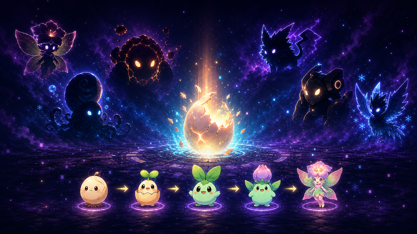Token 小精灵横版孵化主视觉、五段进化与六只神秘精灵 / Token Sprite wide hatching hero, five-stage evolution, and six mystery creatures