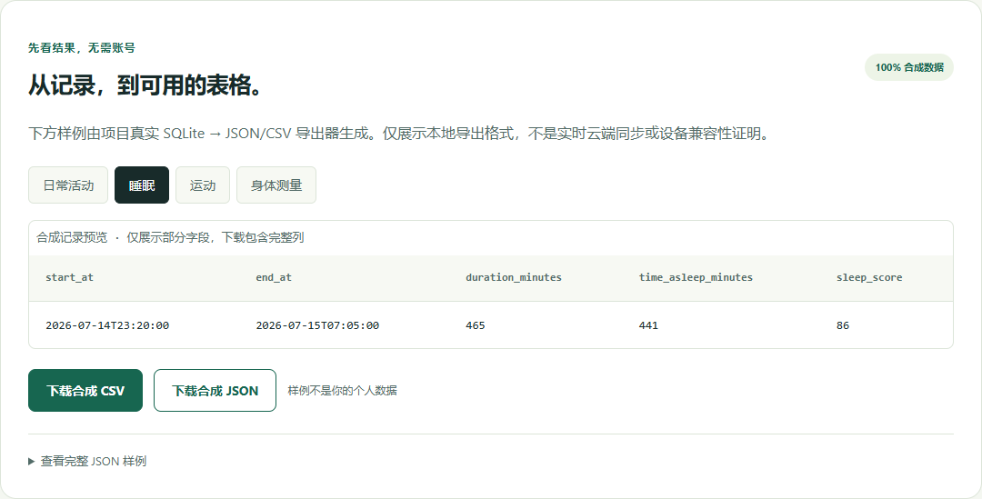 合成睡眠记录导出预览：无需账号，可下载 CSV 和 JSON