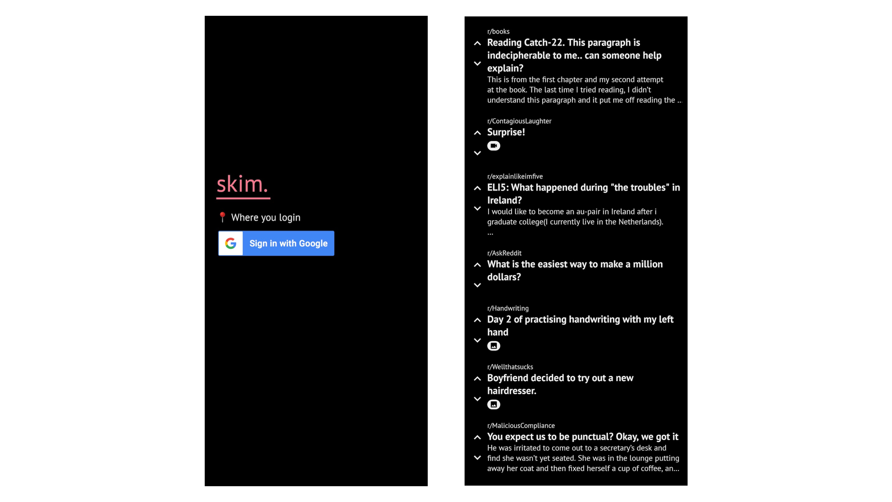 An image with two vertical mobile screenshots of different pages of skim, aligned side by side, on a white background.