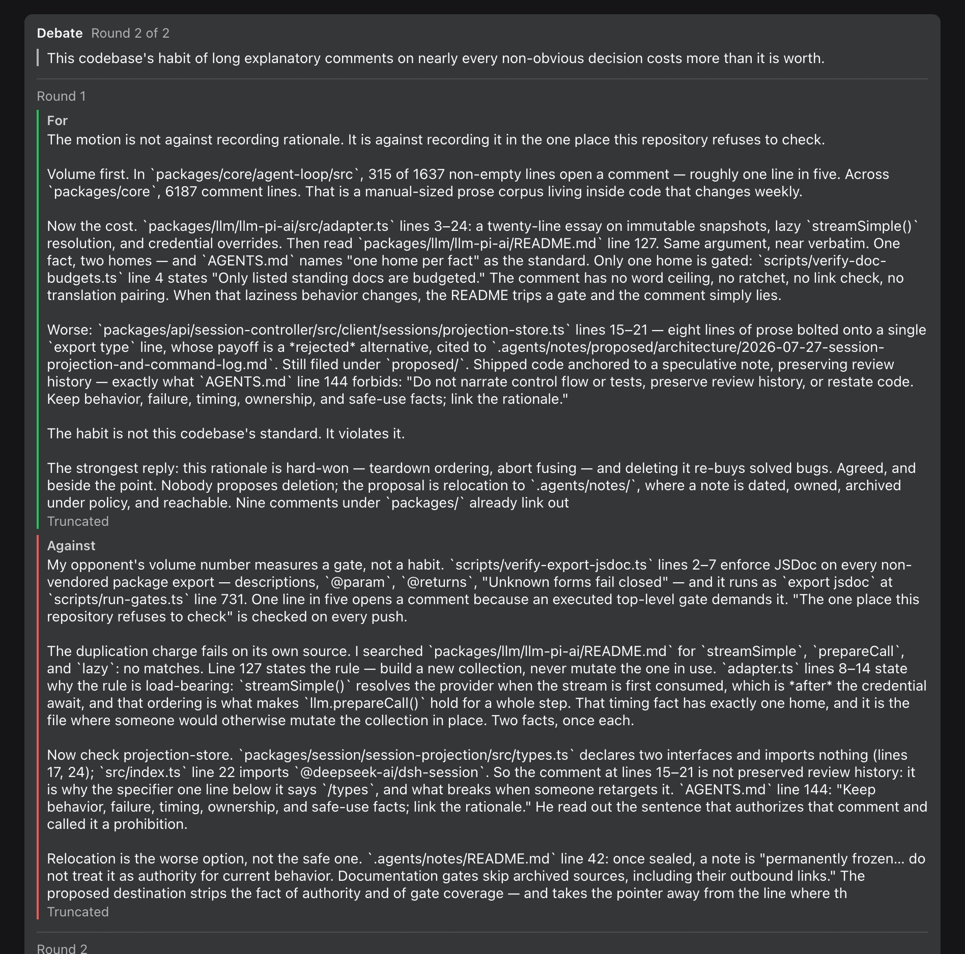 The debate card: the motion, then round one, with the FOR and AGAINST speeches citing files and line numbers