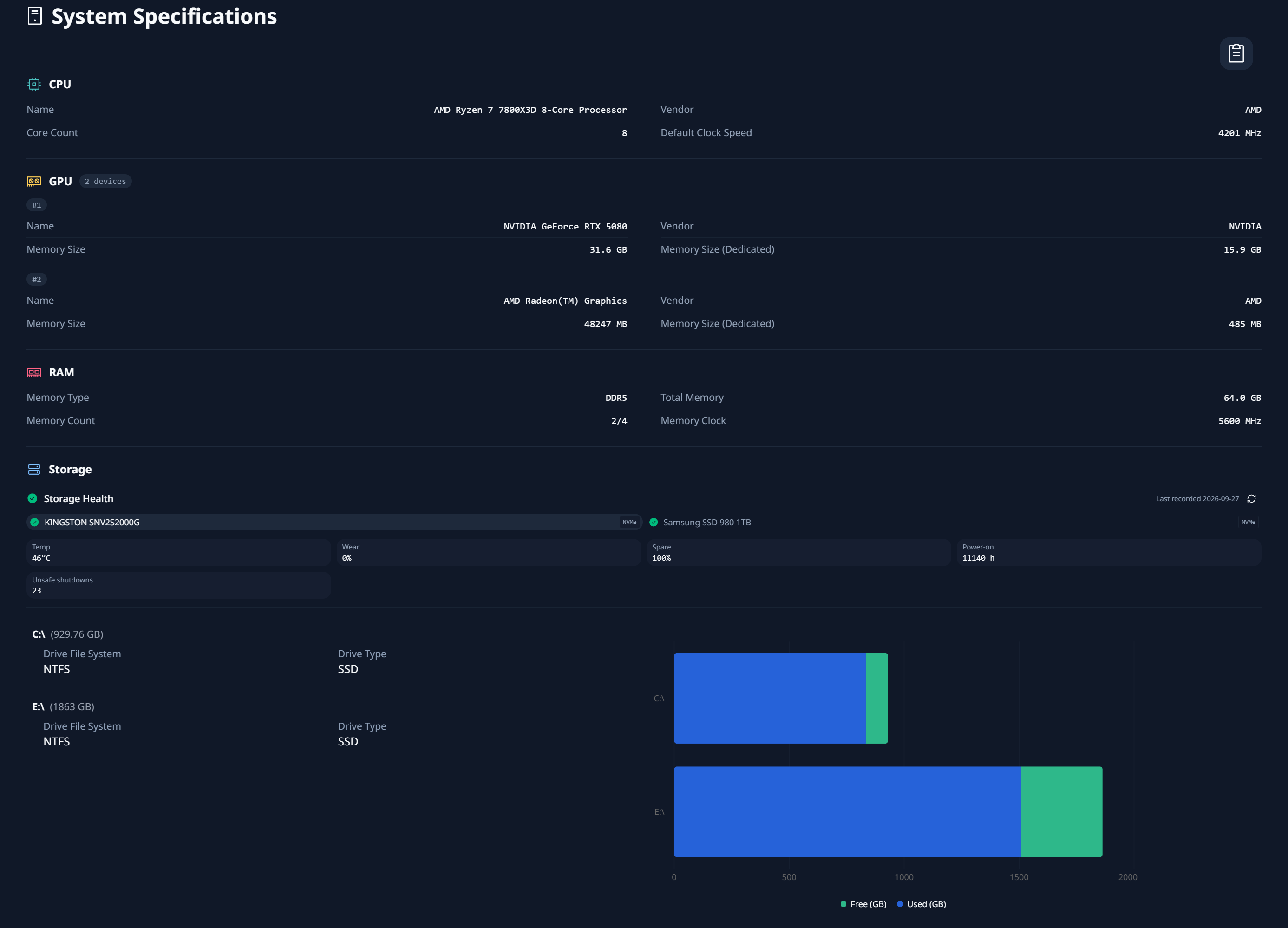 System Specifications showing CPU, GPU, RAM, and storage details with Storage Health