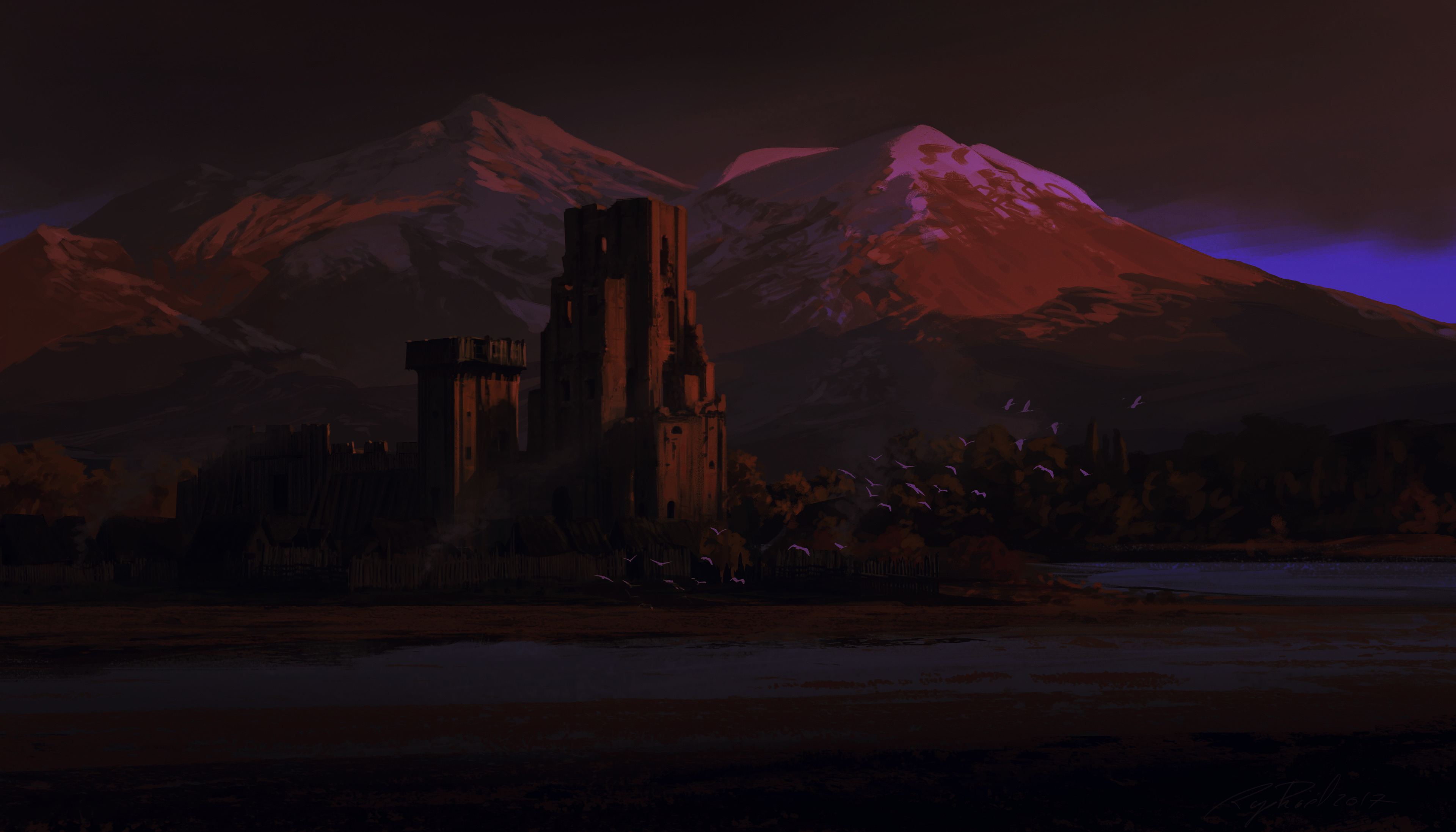 Castle in Front of a Mountain at Night
