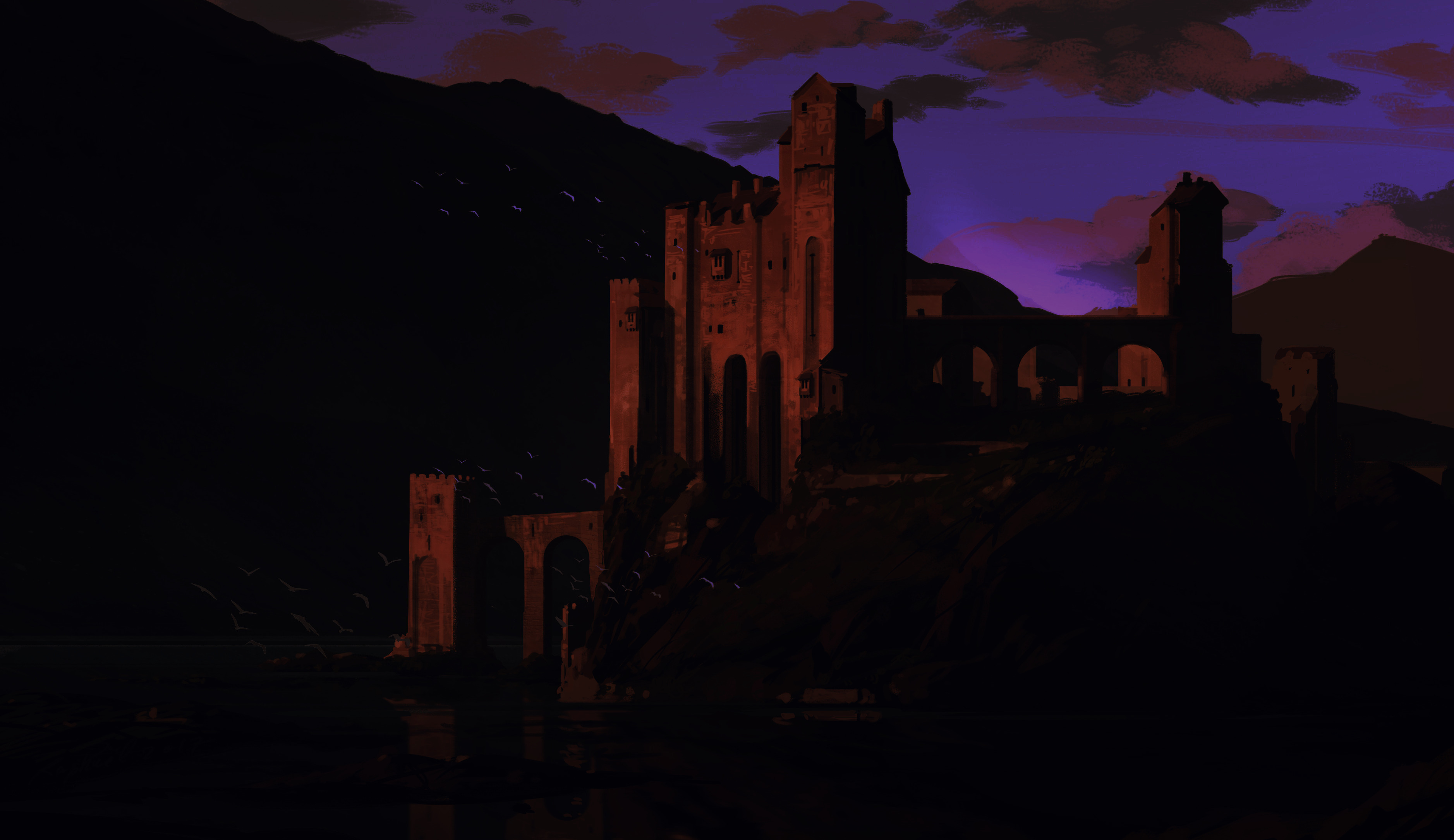 Castle on a Lake at Night