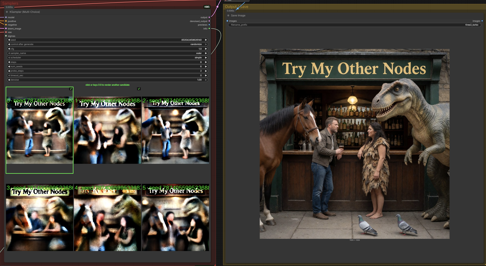 KSampler Multi-Choice: probe grid on the node, finished render on the right