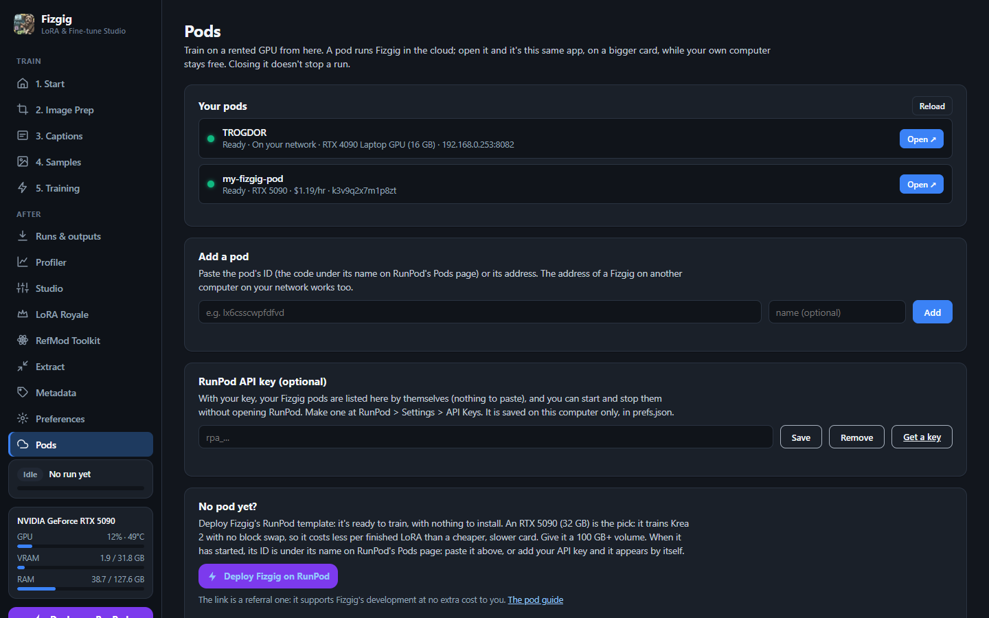 The Pods tab: a laptop found on the network, and a RunPod pod