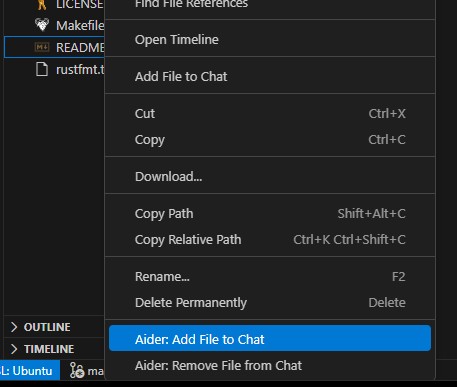Right-click context menu showing Aider: Add File to Chat
