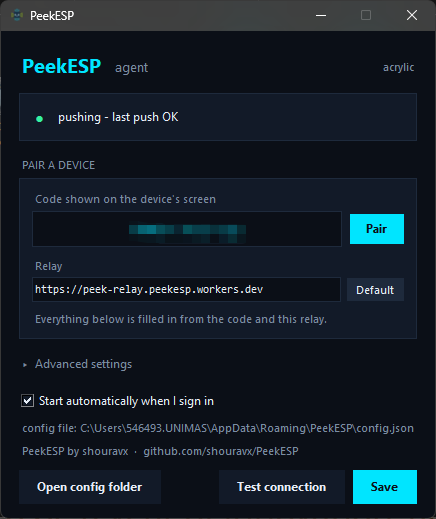 The PeekESP settings window