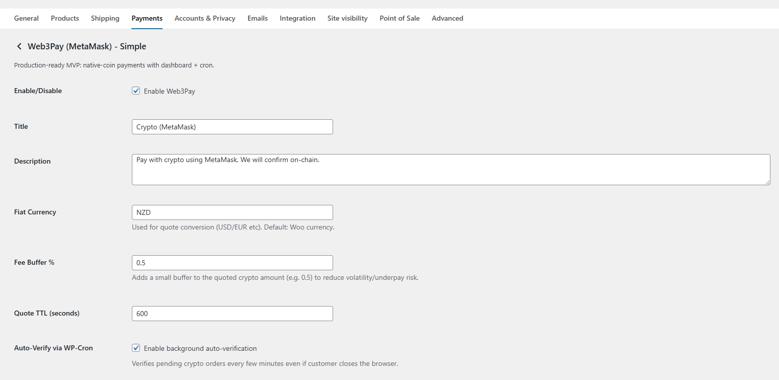 Web3Pay Settings
