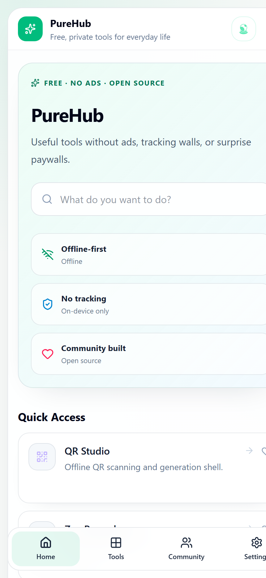 PureHub home screen