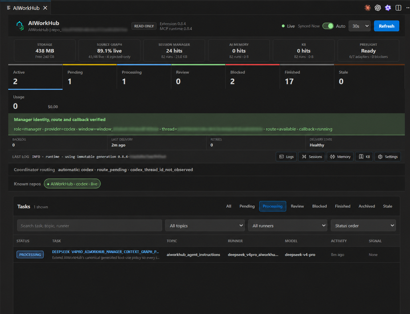 AIWorkHub dashboard orchestrating AIWorkHub development