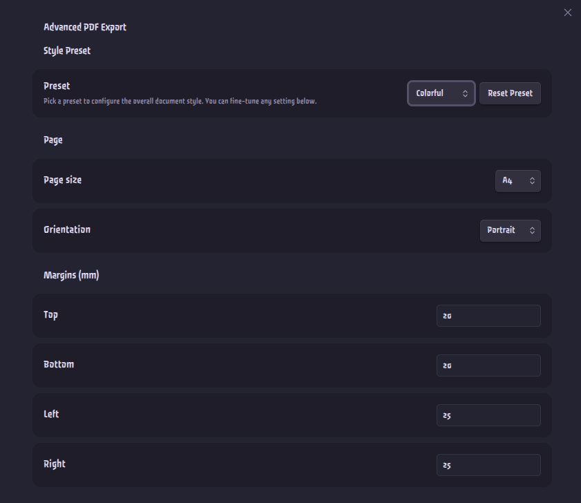 Page & Preset settings
