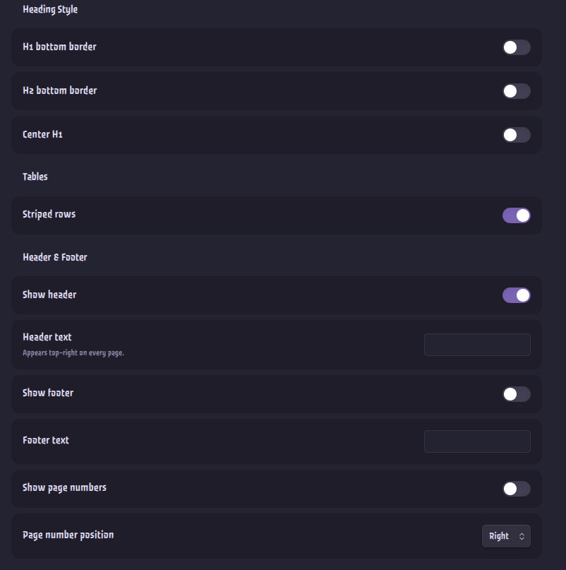 Heading Style, Tables & Header/Footer settings