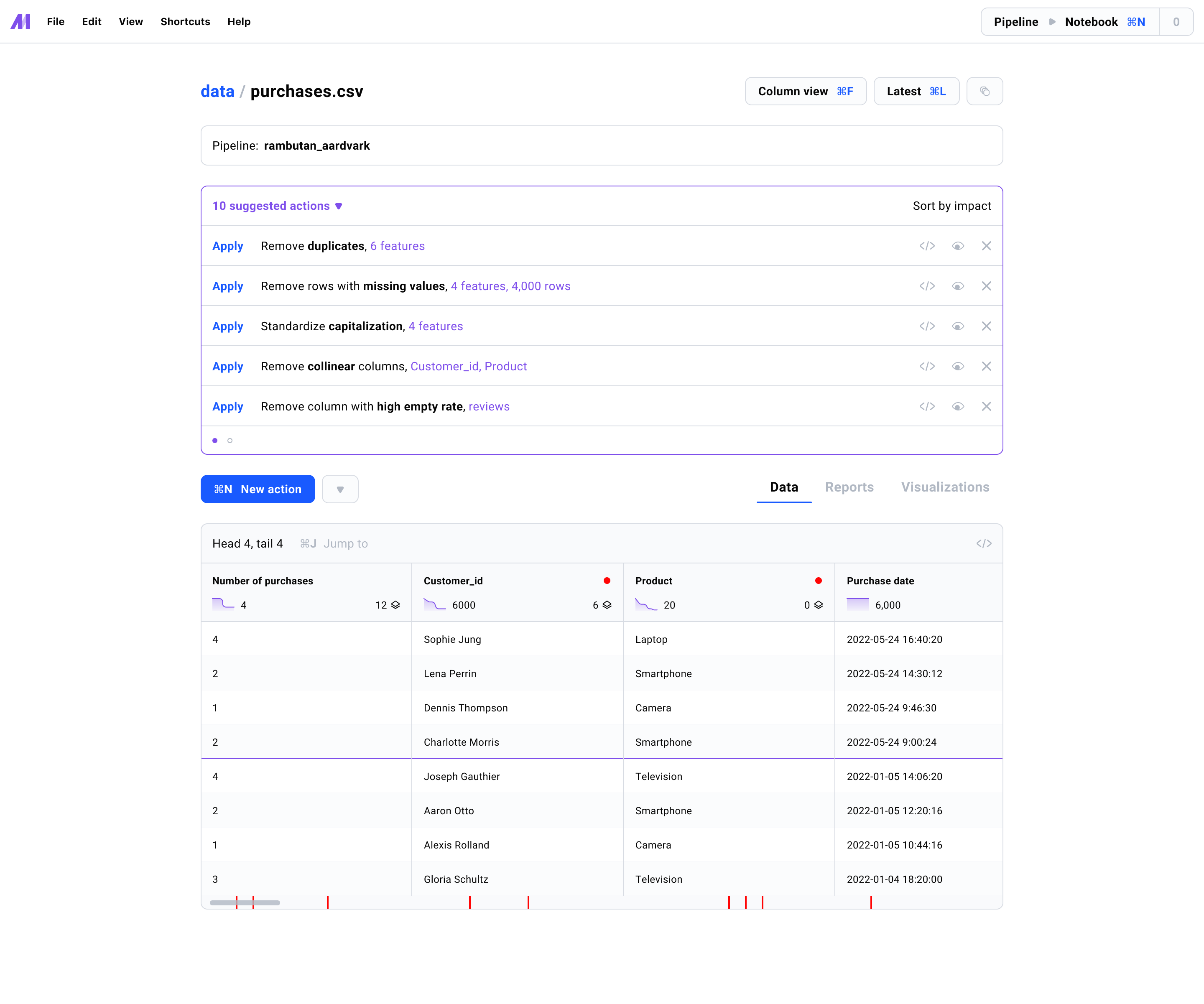 suggested cleaning actions