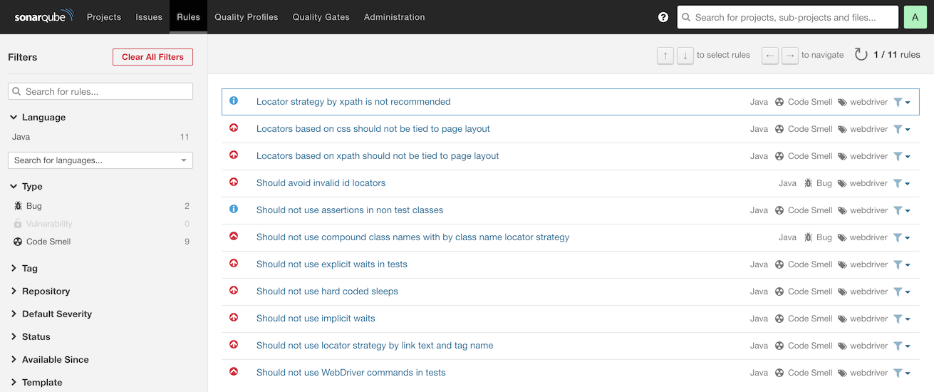 SonarQube rule overview