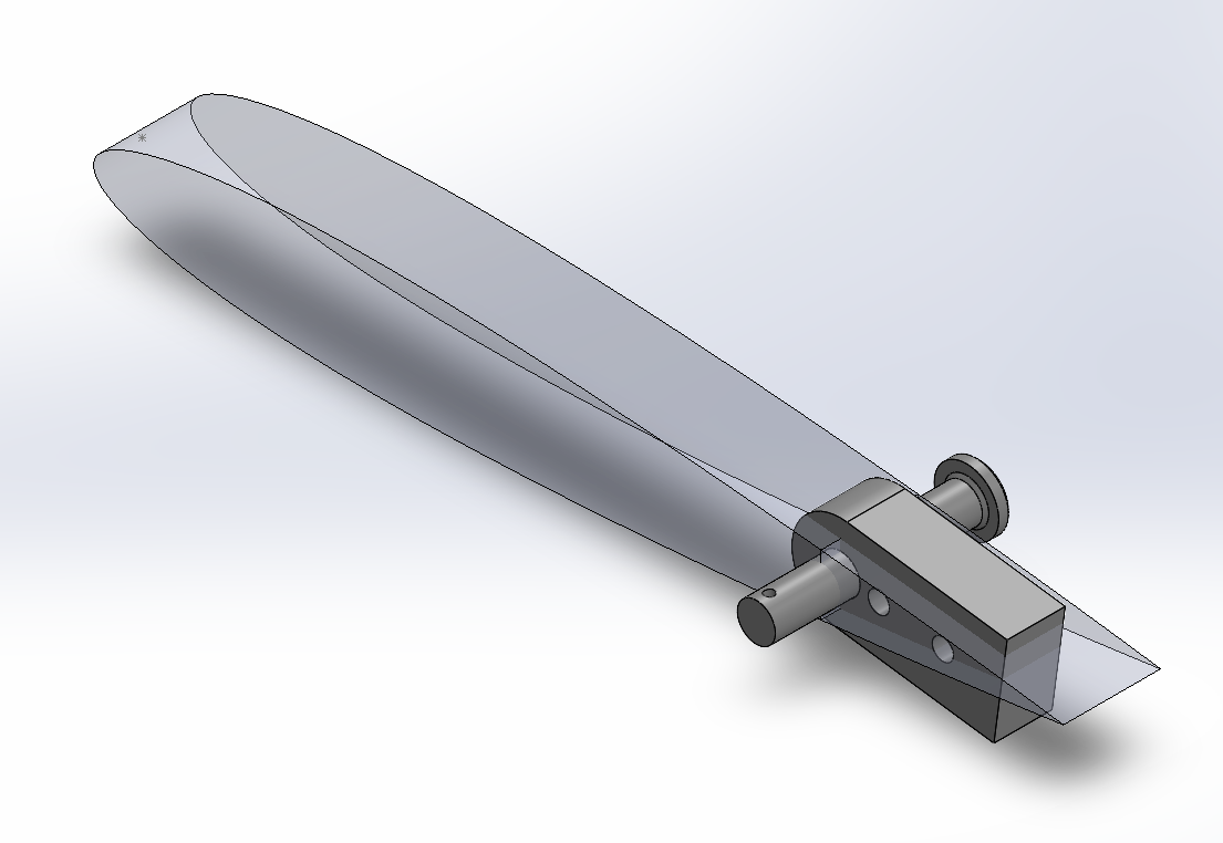Transparent SolidWorks context view showing NACA0012 airfoil and hinge mechanism