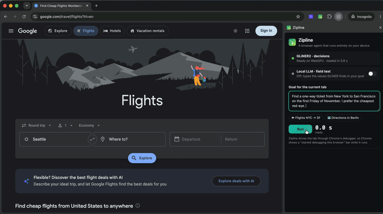 Zipline filling in Google Flights from a typed goal, then highlighting the cheapest red-eye and a verified checklist