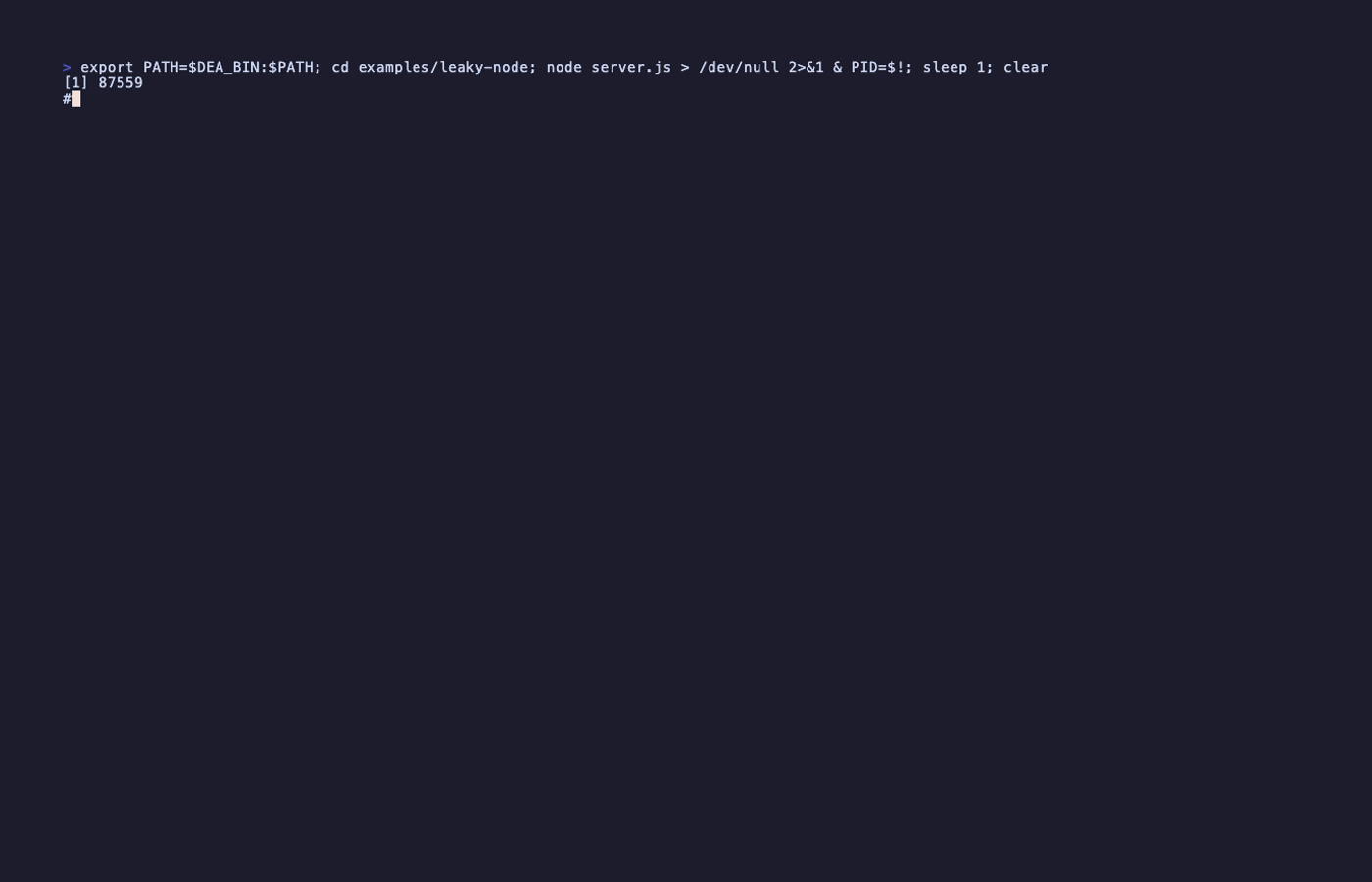 DEA finding a Node.js leak: two memory snapshots, a diff, and the retainer named with evidence ids