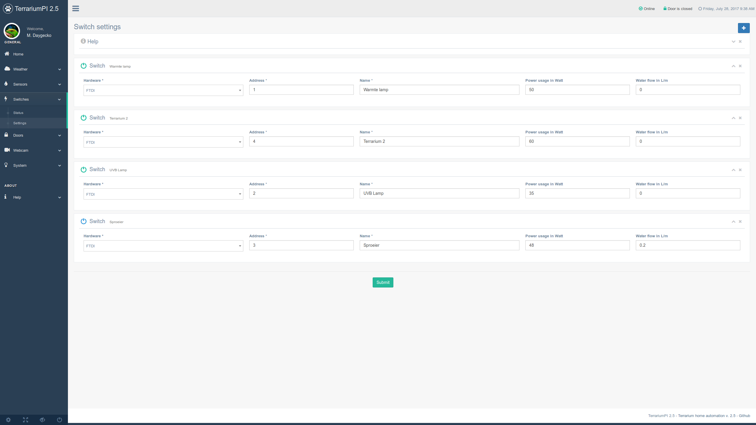 TerrariumPI 2.5 Power switches settings screenshot