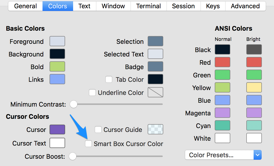 iTerm color settings showing smart box cursor color unticked