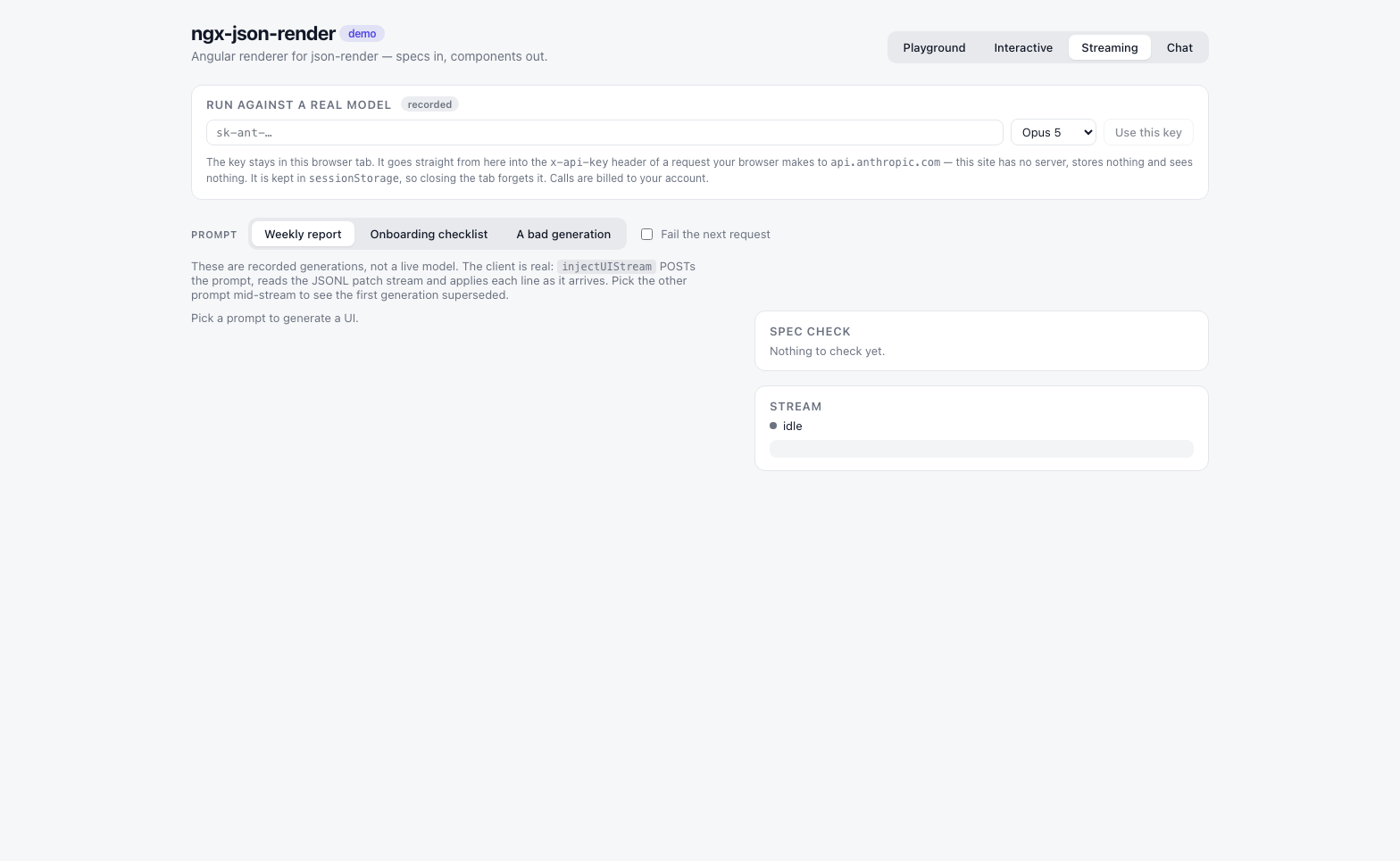 A SpecStream of RFC 6902 patches rendering progressively into an Angular dashboard