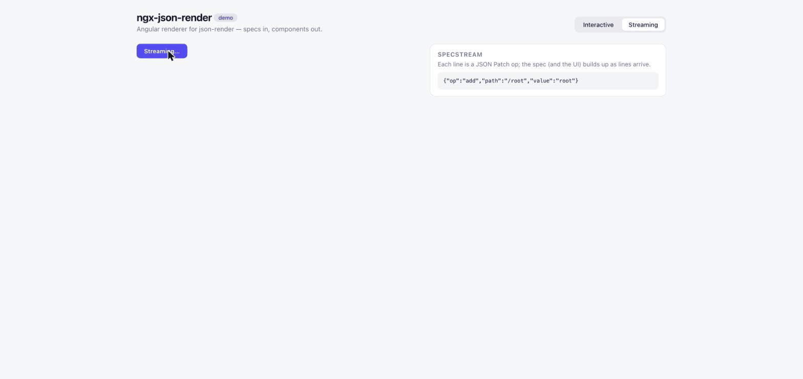 A SpecStream of RFC 6902 patches rendering progressively into an Angular dashboard