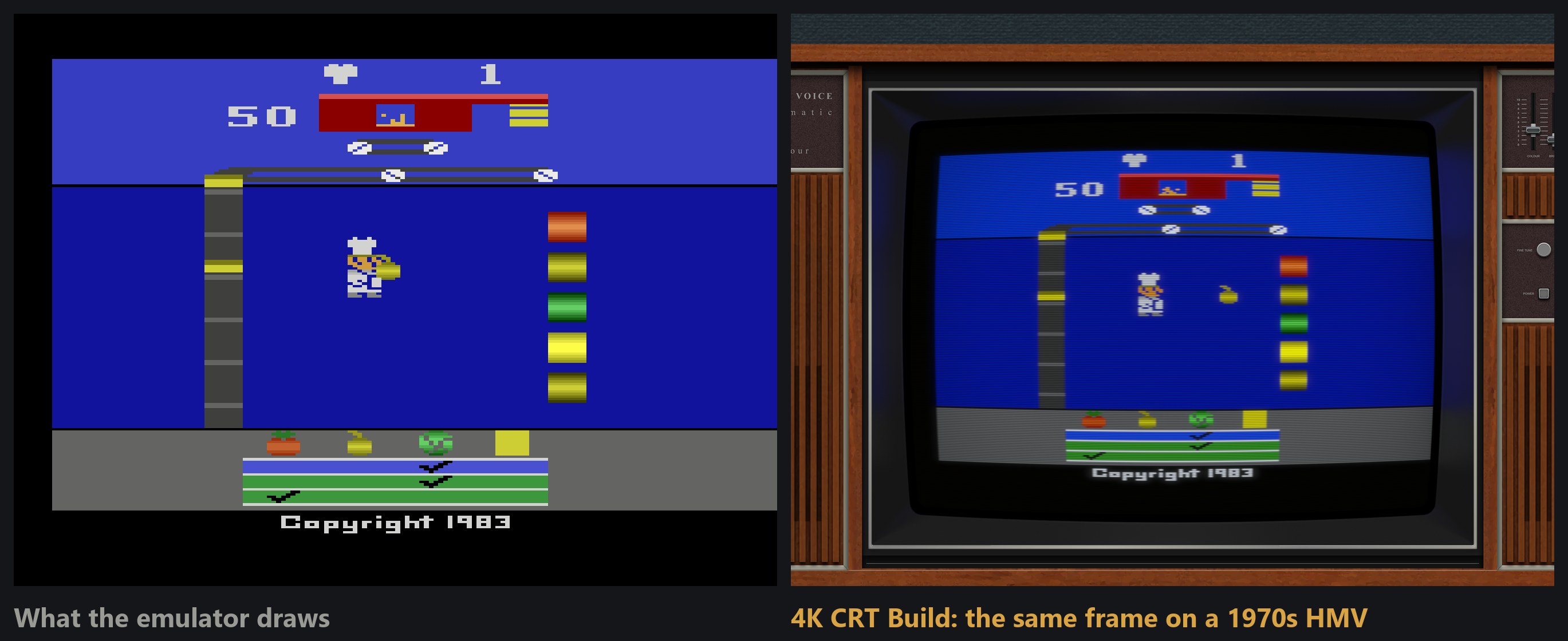 The same Atari 2600 frame, raw and on a 1970s HMV TV