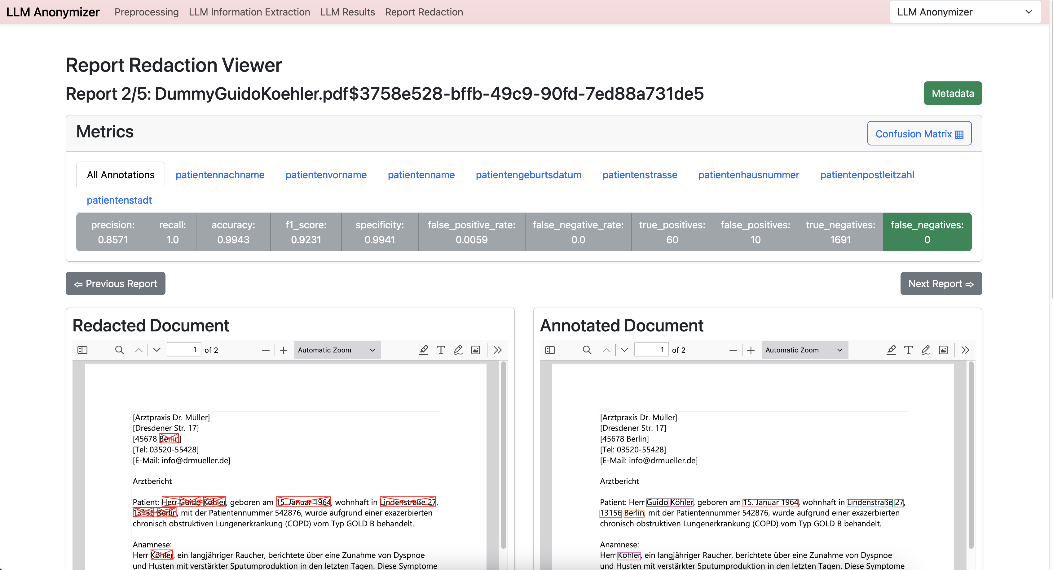 Redaction View of the Tool. Side-by-side documents, left side original, right side redacted view