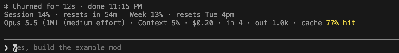 usage-meter in a Claude Code session: session and weekly limits on the first line; model, effort, context, cost, tokens and an amber cache hit rate on the second