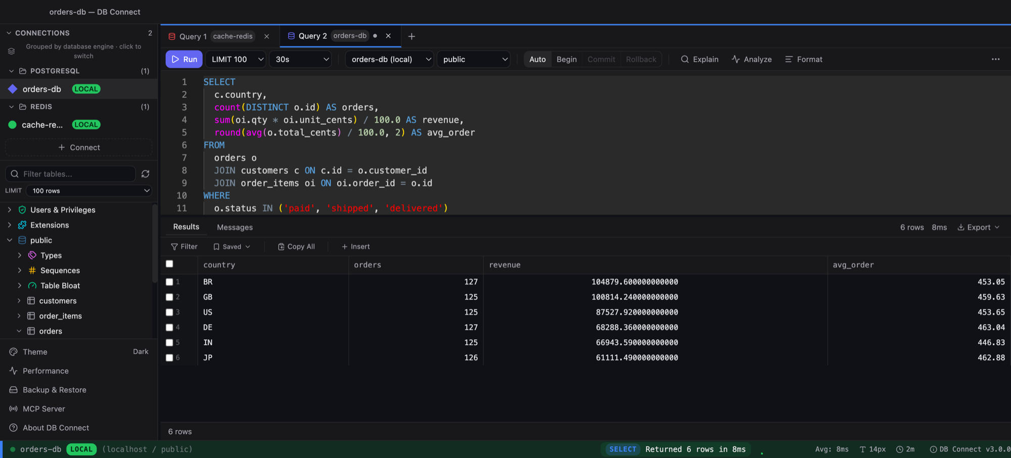 DB Connect — PostgreSQL query with results, sidebar grouped by engine