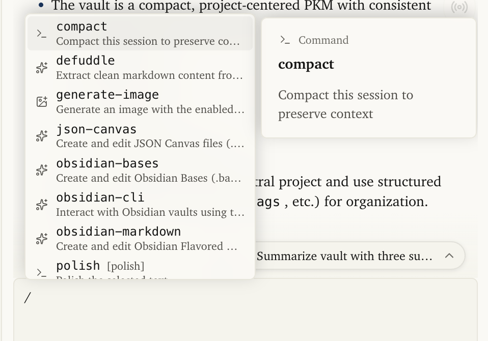 Pivi slash selector with commands, vault skills, and tools