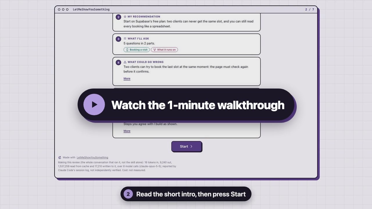 Watch the 1-minute walkthrough: ask your agent, read the intro, answer each step, add a note, pick an option, download your answers, and see round 2.