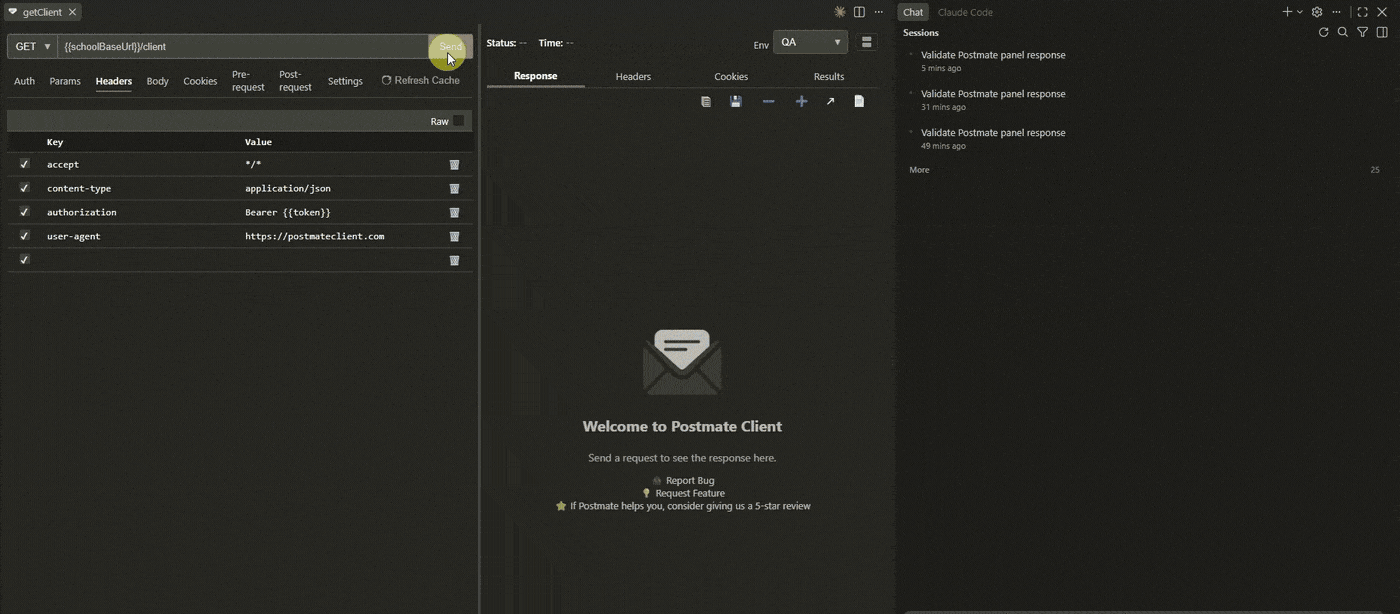 AI test generation in Postmate Client — GitHub Copilot reads the live response panel and writes passing pm tests
