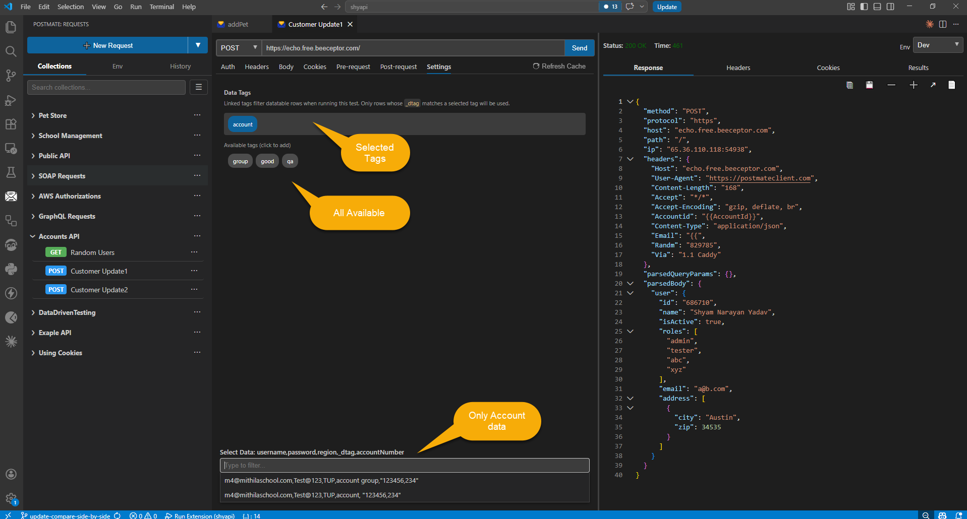 Data tables in Postmate Client for data-driven API testing with CSV