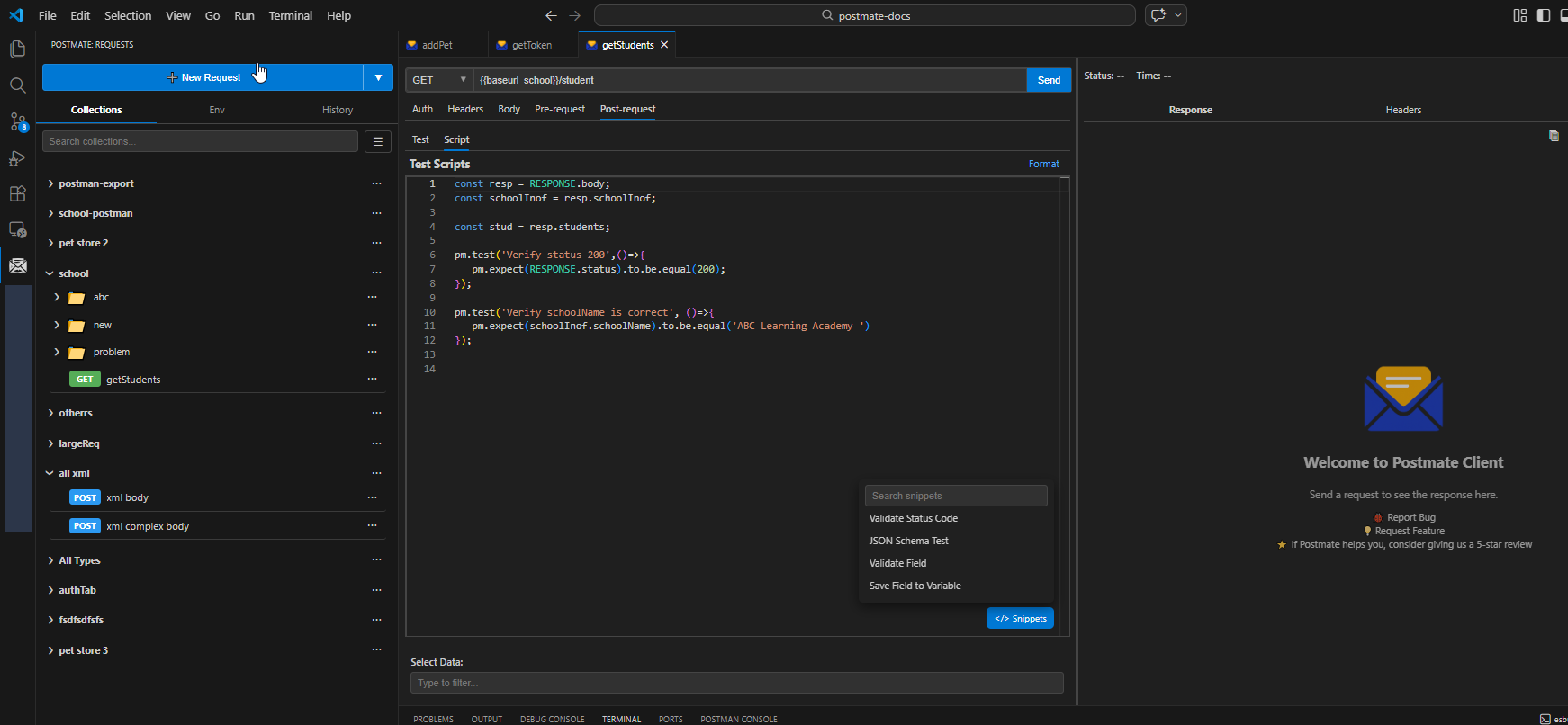 Pre-request script editor in Postmate Client