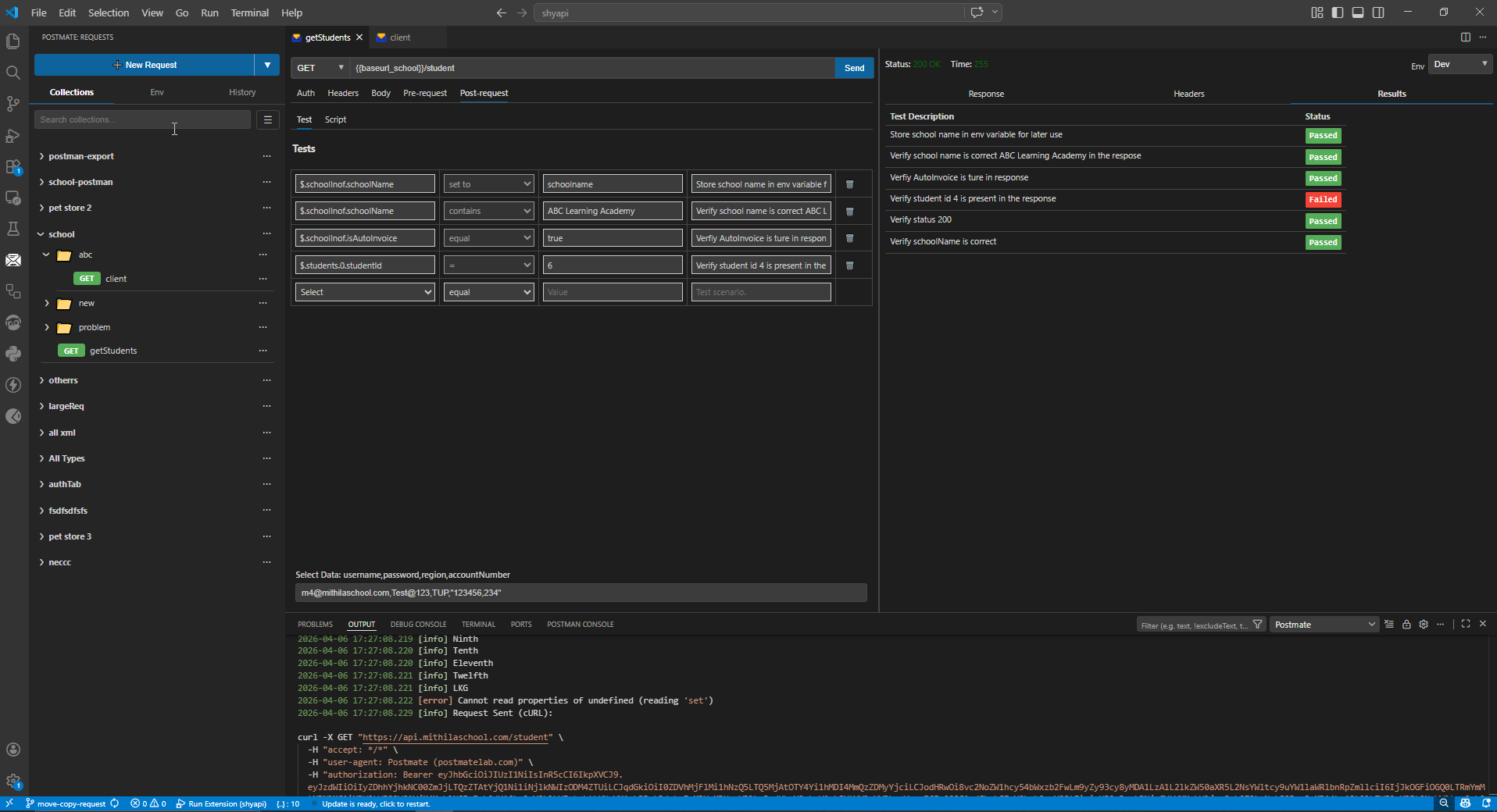 Tests tab in Postmate Client showing tabular test editor for plain-English assertions