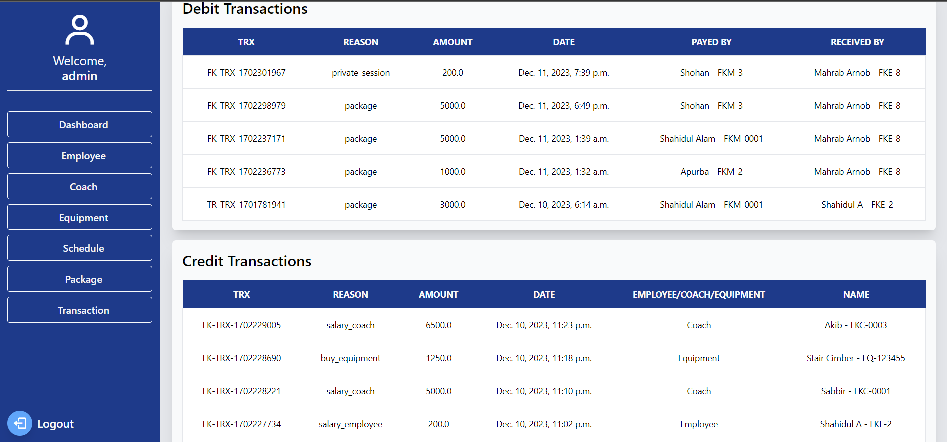 Admin transaction Dashboard