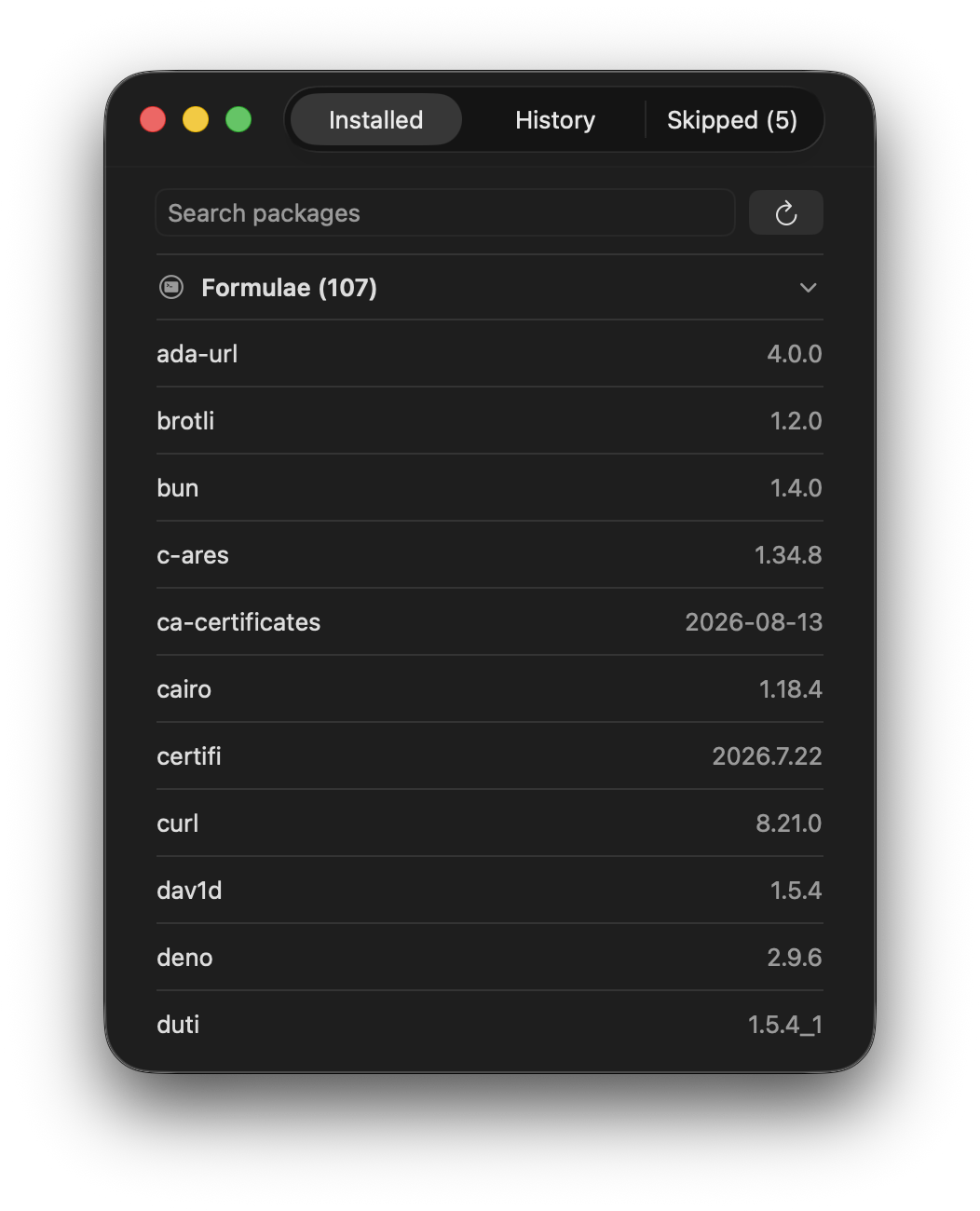 FreshBrew Installed Packages window with package search and installed versions
