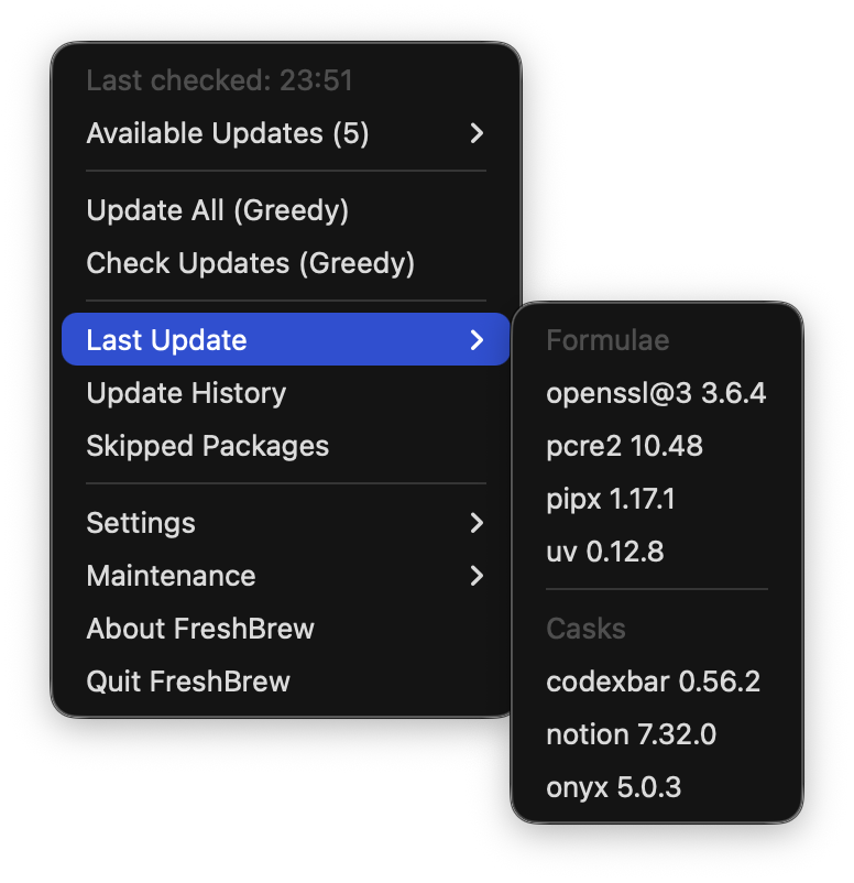 FreshBrew menu bar showing update controls and recently updated packages