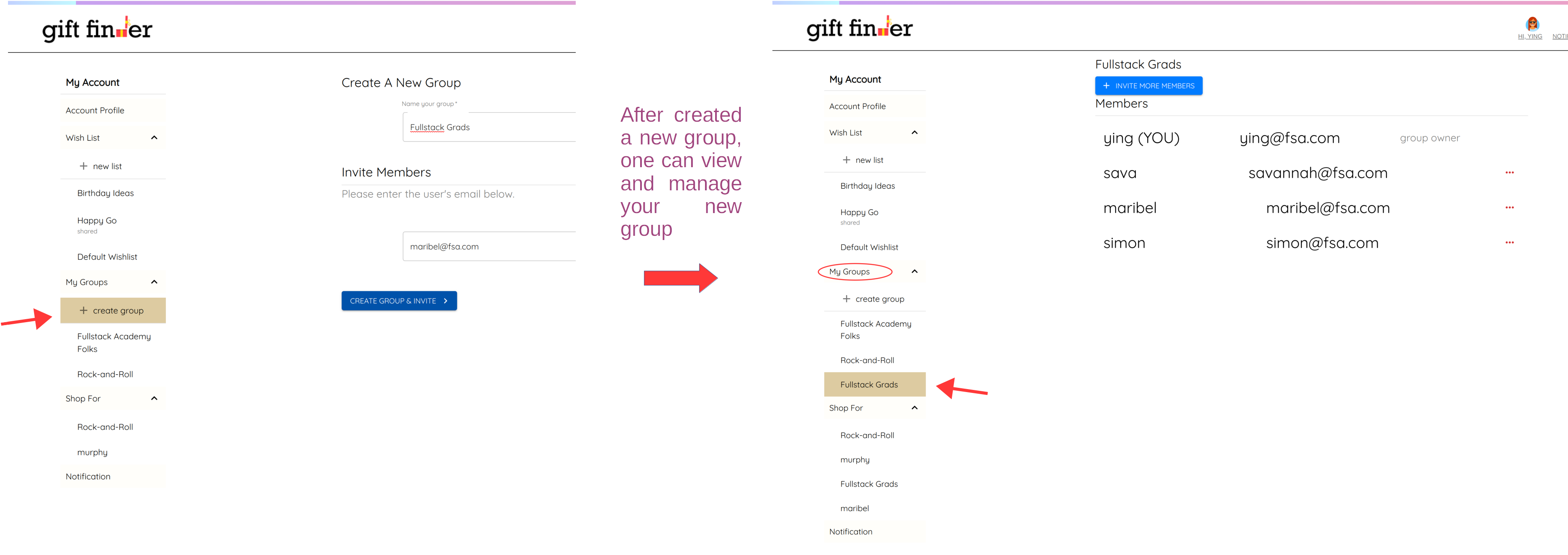 GiftFinder Creating Group and Inviting Friends