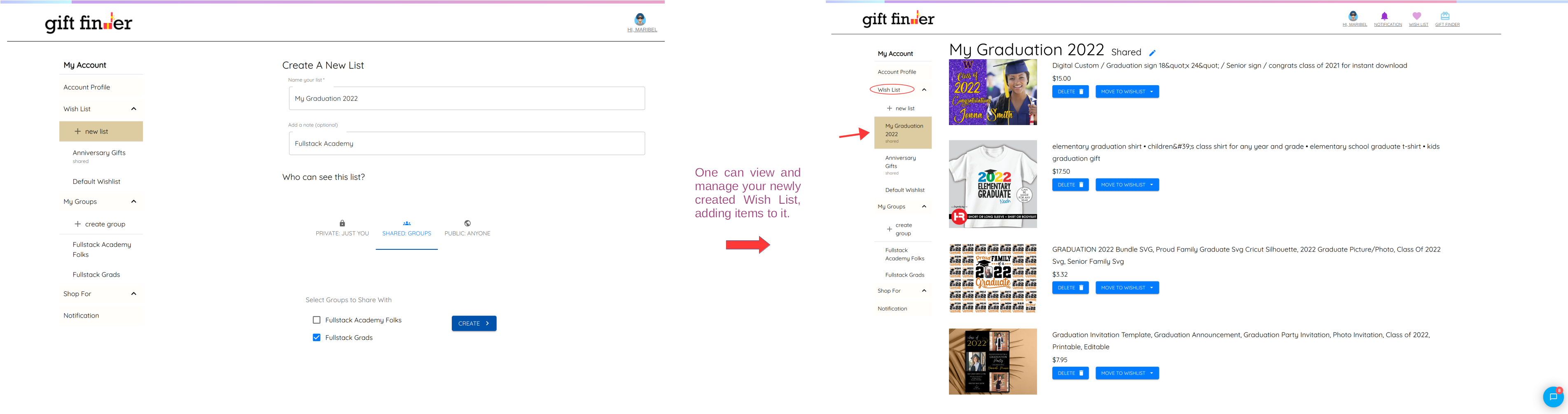 GiftFinder Create and Share Wish List