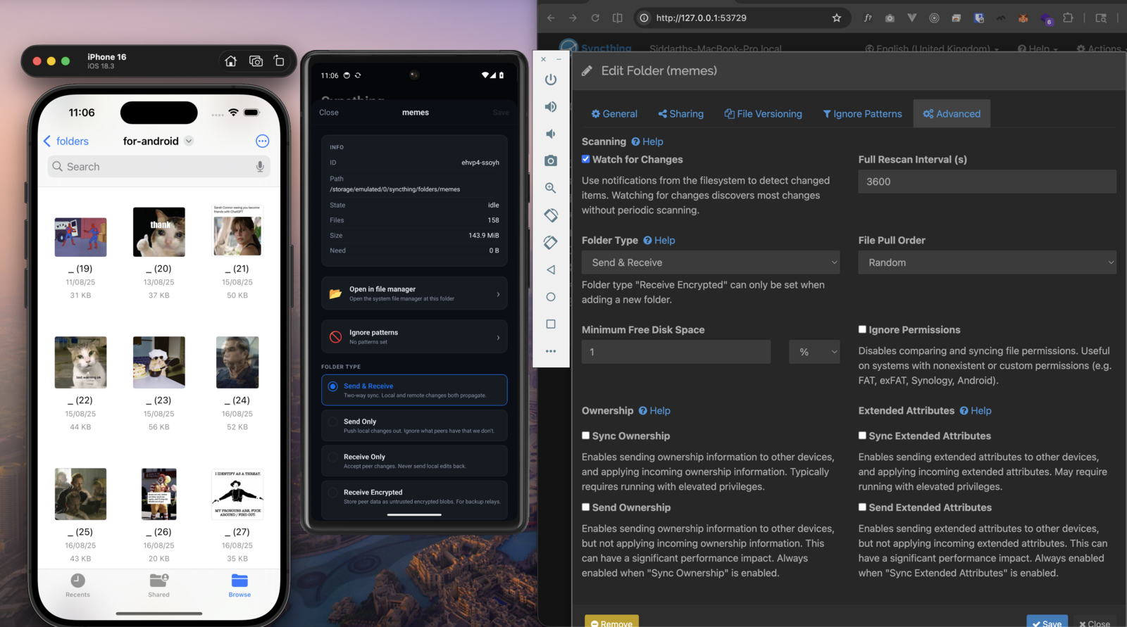 iOS, Android, and desktop syncthing nodes sharing the same folder